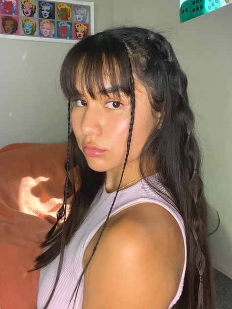 Hairstyles With Bangs And Braids, Braid Hairstyle With Bangs, Concert Hair With Bangs, Hairstyles For Fringes, Rave Hairstyles Bangs, Fairy Hairstyles With Bangs, Rave Hairstyles With Bangs, Braid With Bangs Hairstyles, Bangs Braided Hairstyles