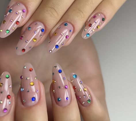 Glitter Festival Nails, Colorful Stone Nails, Confetti Nails Gel, Rinstonestone Nails, Glastonbury Nails, Gem Stone Nails, Nails With Gemstones, Bejeweled Aesthetic, Bejeweled Nails