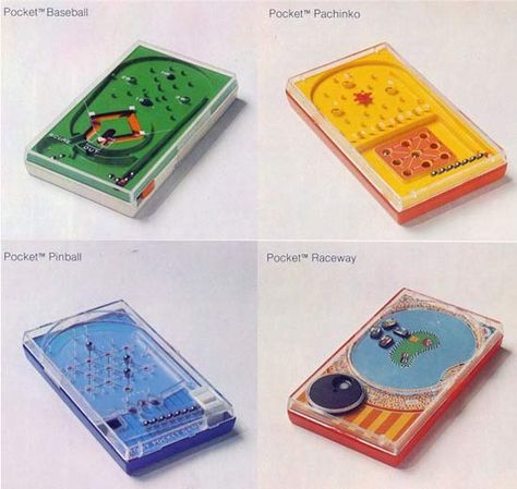 Tomy Pocket Games, about $4 at the drugstore in the 1970's, the size of a cassette case. Baseball, auto racing, pachinko, very ingenious gravity/magnetic games I spent HOURS playing and playing... 80’s Toys, Childhood Memories 80s, Vintage Technology, 70s Toys, Old School Toys, Pocket Game, Retro Gadgets, Iphone Games, School Memories