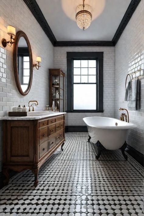 Vintage Penny Tile Bathroom Floor, Vintage Goth Bathroom, Bathroom 1920s Style, Vintage Cottage Bathroom Ideas, Vintage Bathrooms Ideas, Bathroom With Clawfoot Tub Ideas, Bathroom French Style, Victorian Modern Bathroom, Small Bathroom Vintage