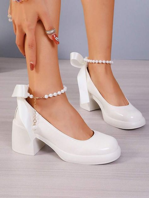 European Style Women'S Mary Jane High Heel Shoes 2024 New White Wedding Shoes French Thick Bottom Loafers Chunky Heel Pumps, Pumps | SHEIN ASIA Shein Shoes High Heels, White Chunky Heels, Eid Ideas, Bride 2024, Loafers Chunky, Shein Shoes, Mary Jane High Heels, White Wedding Shoes, Chunky Heel Pumps