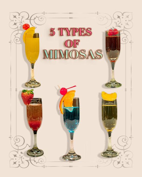 Five Delicious Types of Mimosas by Party Shakers LA Types Of Mimosas, Champagne And Orange Juice, Mimosa Party, Easy Mojito Recipe, Strawberry Mimosa, Raspberry Liqueur, Pop Up Bar, Mojito Recipe, Peach Slices