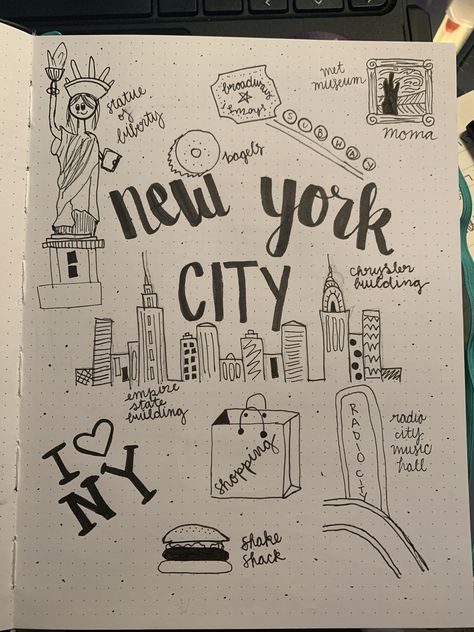 Nyc Aesthetic Drawing, New York Journal Ideas, New York Aesthetic Drawing, Nyc Drawing Simple, Nyc Scrapbook Ideas, New York Art Drawing, New York Dibujo, Nyc Skyline Drawing, Nyc Doodles