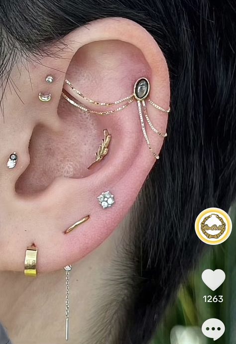 Earring Placement Ideas Unique, Ethereal Piercings, Curated Ear Piercing Maximalist, Loaded Ear Piercing, Silver And Gold Piercings, Virgo Ear Piercing, Gemini Piercing, Ear Styling Ideas Gold, Eat Peircings Women Chart