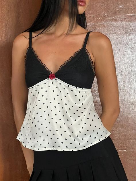 Patchwork Clothing, Middle Age Fashion, Vintage Crop Tops, Bandeau Dress, Lace Patchwork, Vest Fashion, White Crop Top, Black Polka Dot, Middle Age