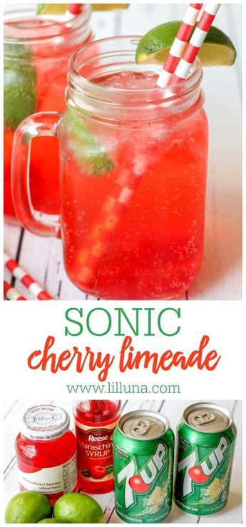 Delicious copycat recipe for Sonic's Cherry Limeade! Ingredients include 7-Up, cherries, a lime, and maraschino syrup. This simple recipe tastes just like the real thing. #copycatsoniccherrylimeade #cherrylimeade #soniccherrylimeade #cherry #soniccopycat Cherry Limeade Recipe, Sonic Cherry Limeade, Limeade Drinks, Limeade Recipe, Iced Drinks Recipes, Drink Recipes Nonalcoholic, Cherry Limeade, 7 Up, Kid Drinks