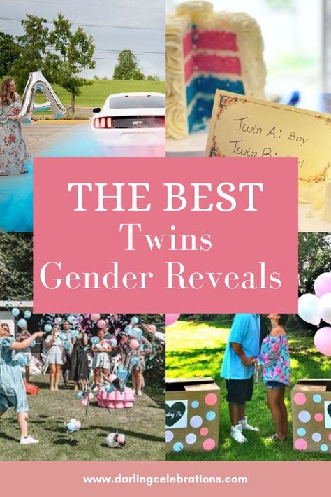 The Best Gender Reveal Ideas For Twins! Throw the best twins Gender Reveal with these top Twins Baby Reveal ideas. #twinsgenderreveal #twinsreveal #twinsbabyreveal #genderrevealwithtwins #genderrevealideasfortwins Twin Surprise Announcement Gender Reveal, Twin Reveal Ideas Surprise, Twin Baby Reveal Ideas, Twin Gender Reveal Ideas For Party Theme, Gender Reveal Ideas For Twins Surprise, Gender Reveal Ideas For Party Twins, St Patrick’s Day Gender Reveal Ideas, Twin Baby Gender Reveal Ideas, Twin Gender Reveal Ideas For Party