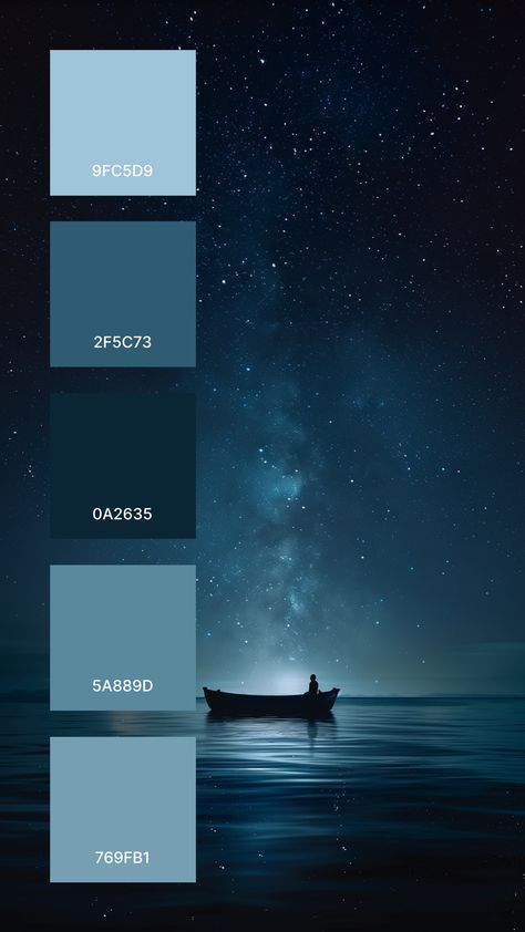 The image features a serene nighttime scene dominated by the vast, starry expanse of the sky. In contrast to the deep blues and blacks of space, the Milky Way stretches vertically through the center, its cloudy band of light speckled with stars and lending a soft glow to the composition. Dark Sky Color Palette, Soft Blue Colour Palette, Space Colour Palette, Night Sky Color Palette, Dark Blue Color Palette, Dream Color Palette, Night Color Palette, Blue Color Pallet, Color Thesaurus