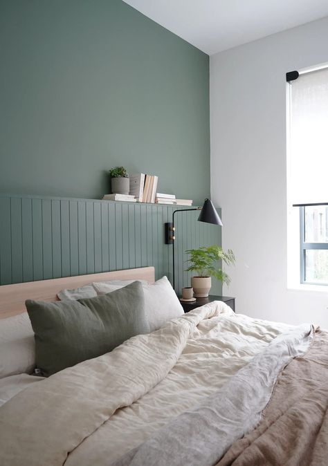 New interior project: a refreshing green bedroom in a zen city retreat - how to add character to a new build - green feature wall - green interiors - sage green bedroom Green Bedroom Walls, Feature Wall Bedroom, Tongue And Groove Panelling, Black Lighting, Sage Green Bedroom, Open Plan Living Room, Green Interior, Green Bedroom, Green Walls