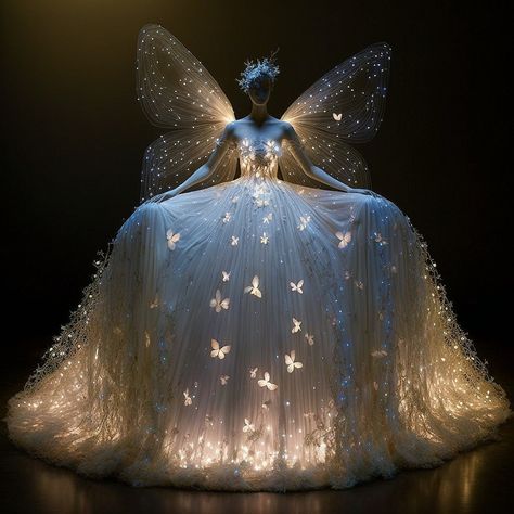 Dress With Fairy Lights, Fairy Tail Gowns Dresses, Ortho Fairy Gala, Fairy Tale Inspired Dress, Fancy Fairy Dress, Fairy Inspired Gown, Fairy Light Dress, Fairy Tail Gown, Fairy Ballgown