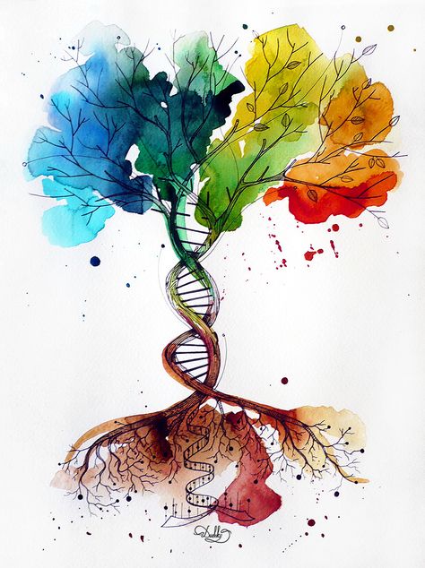 designed by #dushky / #art #illustration #tattoo #design #tree #watercolor #dna #roots Illustration Tattoo Design, Biotechnology Art, Dna Tree, Tree Tattoo Back, Dna Art, Dna Tattoo, Tree Watercolor, Biology Art, Illustration Tattoo