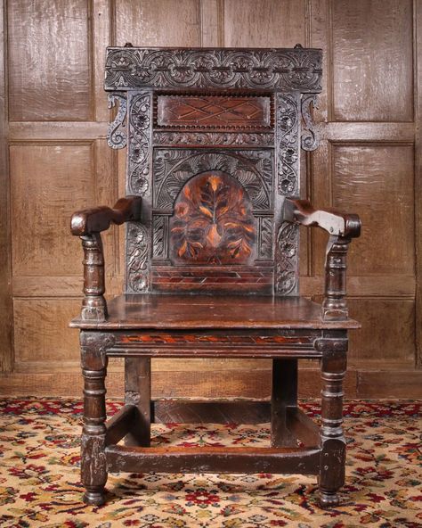 James I marquetry armchair, Marhamchurch antiques English Antique Furniture, Baroque Furniture, Unusual Furniture, Oak Chair, English Furniture, Medieval Period, Antique Chairs, House Interior Decor, Marquetry