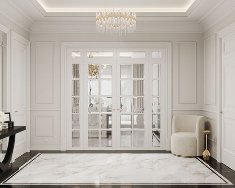 Modern Classic Foyer, Foyer Design Luxury, Classic Foyer, House Dubai, Classic Entrance, Classic Hall, Entrance Foyer Design, Molding Design, Paris Interiors