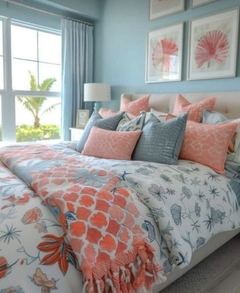 Teal And White Bedroom, Mens Bedroom Ideas, Aqua Bedrooms, Coral Bedroom, Men's Bedroom, Beachy Room, Coral Accents, Teen Boy Bedroom, Mens Bedroom