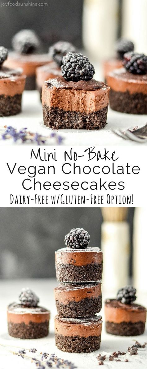 Mini No-Bake Vegan Chocolate Cheesecakes are a simple, elegant dessert that are easy and delicious! Vegan with a gluten-free option! Weight Watcher Desserts, Cheesecake Vegan, Dessert Oreo, Desserts Keto, Chocolate Cheesecake Recipes, Nutella Cake, Raw Cake, Brownie Desserts, Vegan Cheesecake