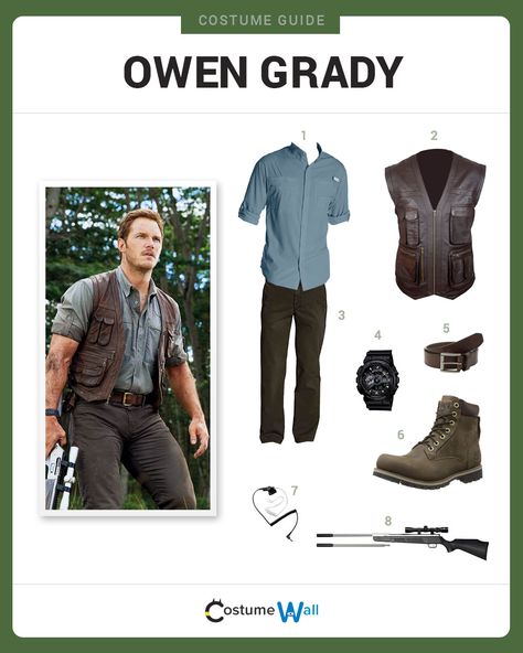 Dress Like Owen Grady (Chris Pratt) from Jurassic World. See additional costumes and Owen Grady cosplays. Owen Grady Costume, Owen Jurassic World, Jurassic Park Costume, Owen Grady, Park Party, Costume Guide, Family Costumes, Chris Pratt, Family Halloween Costumes