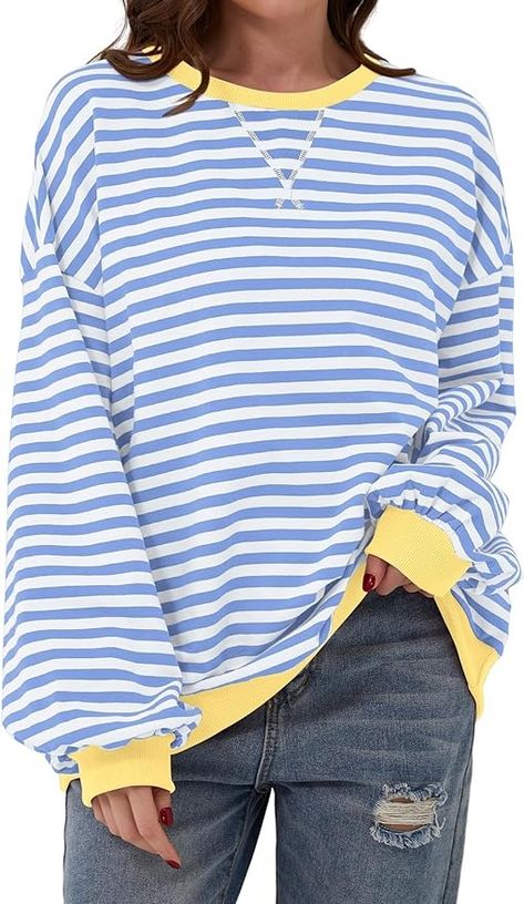 TERIVEEK Women Oversized Striped Color Block Long Sleeve Crew Neck Sweatshirt Casual Loose Pullover Y2K Shirt Top, Blue White, Medium : Amazon.co.uk: Fashion Trendy Stuff, Dirndl Outfit, Striped Sweatshirt, Barbie Mode, Bandeau Tops, Sweatshirt Oversized, Oversized Hoodies, Oversized Shirts, Mini Robes