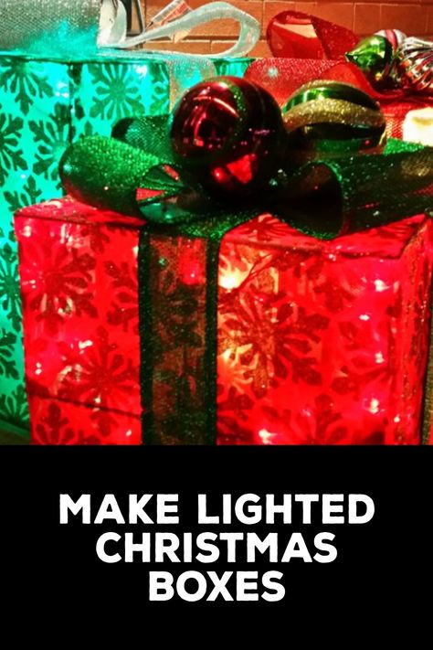 How to Make Lighted Christmas Boxes How To Make Lighted Christmas Boxes, Lighted Boxes For Christmas, Christmas Light Up Boxes, Diy Outdoor Christmas Present Boxes, Diy Lighted Gift Boxes, Diy Christmas Light Up Gift Boxes, Diy Christmas Lighted Gift Boxes, Diy Lighted Christmas Presents, Christmas Lighted Boxes Diy