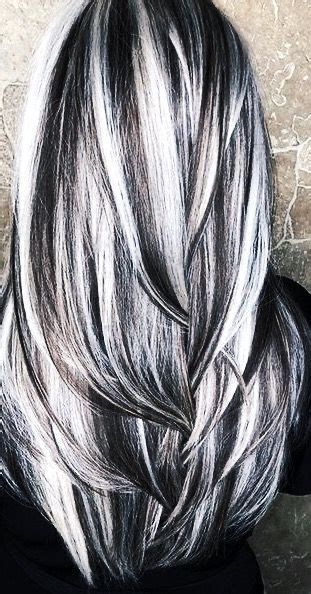 Wide Highlights Hair, Black Lowlights In Gray Hair, Black Hair With Grey Highlights Long, Grey Hair Black Highlights, Black And Gray Hair Highlights, Silver Hair Black Highlights, Gray Hair With Black Lowlights, Silver Hair With Black Highlights, Long Two Tone Hair