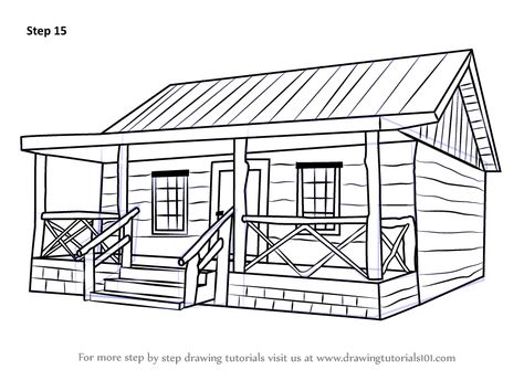 Learn How to Draw a Wood Cabin (Houses) Step by Step : Drawing Tutorials Cabin House Drawing, Old House Drawing Easy, Cabin Drawing, Cabin Houses, Wooden Hut, Wood Cabin, Hut House, Architecture Drawing Sketchbooks, Cabin Art