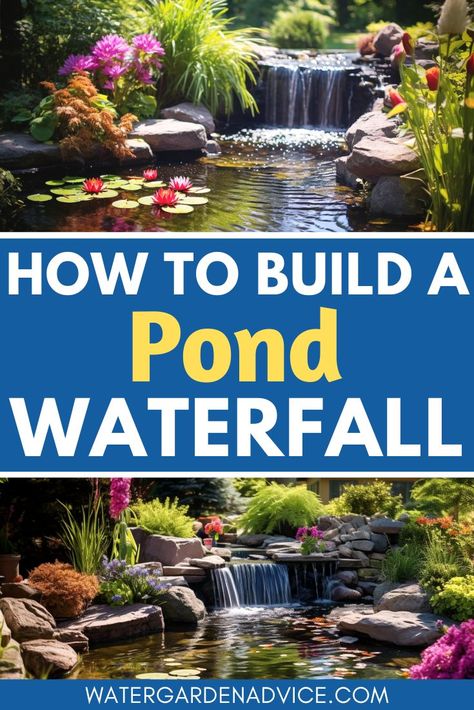 garden pond waterfall Diy Pond Pool, Waterfalls Backyard Diy, Build A Pond, Fish Ponds Backyard, Beautiful Pond, Garden Ponds, Building A Pond, Natural Swimming Ponds, Backyard Pond