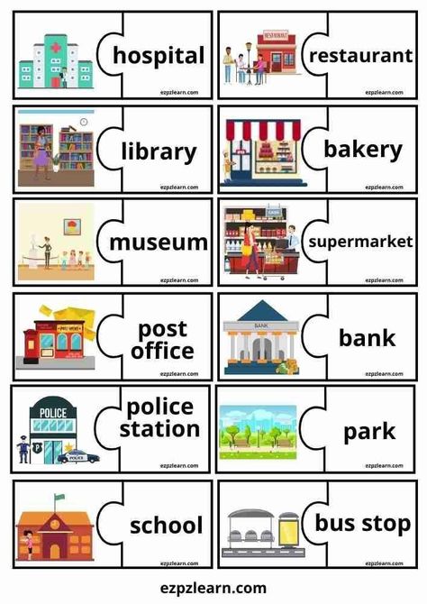 Free Resources For Teachers, English Puzzles Worksheets, Back To School Games For Kids, City Activities For Kids, English For Kids Games, Games For Learning English, English Class Activities, Esl Activities For Kids, Esl For Kids