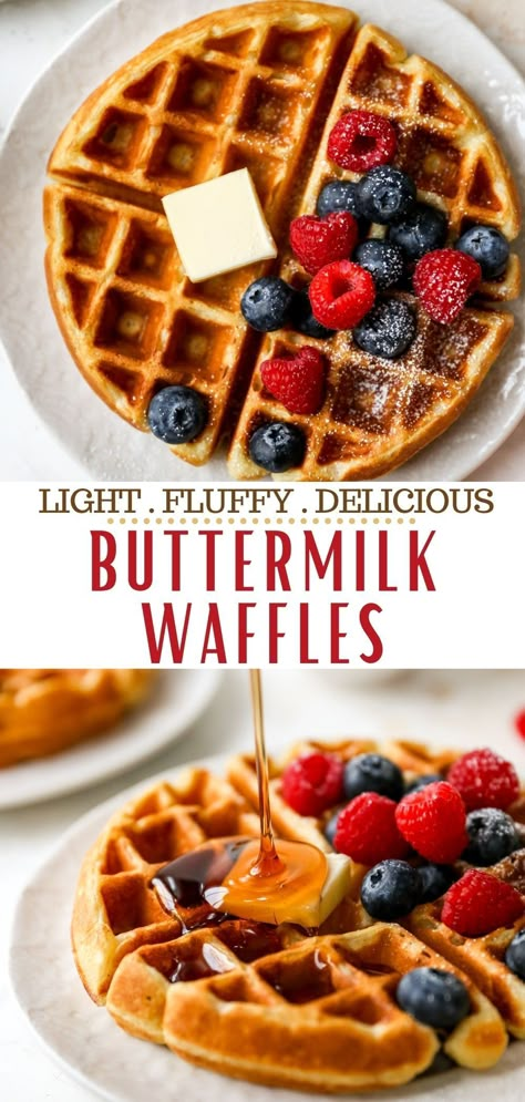 Start your day off with a warm mug of coffee and homemade buttermilk waffles and everything is just right with the world. This buttermilk waffles recipe is easy to make and results in fluffy waffles that are perfectly crisp on the outside, soft on the inside, and filled with the most delicious buttery flavor! The best addition to any breakfast or brunch spread! Waffle Recipe With Buttermilk, Homemade Buttermilk Waffle Recipe, Waffle Buttermilk Recipe, Waffles With Buttermilk, Waffles Recipe Homemade Buttermilk, Best Buttermilk Waffles, Waffles Buttermilk, Buttermilk Waffle, Waffle Recipe Buttermilk