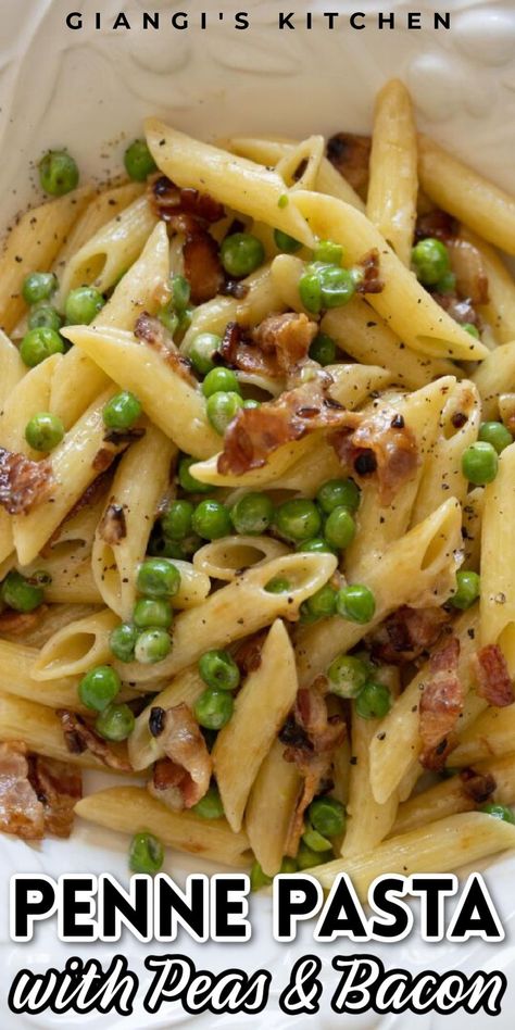 Penne pasta, peas and bacon. Talking about comfort food, pasta is way up there in the list of food that not only is easy to prepare, but everyone enjoys and craves it.This quick, it takes as long as it takes to cook the pasta to have it all ready, it is a savory combination of the sweet peas with crisp onions and bacon. The heavy cream binds it all together blending the flavors well. This is the best pasta dish and comfort food out there. Pasta With Peas And Bacon, Peas And Bacon, Pasta Peas, Pasta With Peas, Food Game, Easy Pasta Dishes, Meatless Dinner, Salad Pasta, Pasta Dinners