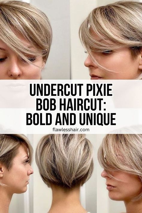 Undercut Pixie Bob Haircut Hair Shorter On One Side Bob, Undercut To Grow Out Pixie, Layered Undercut Pixie, Undercut Pixie Bob Fine Hair, Womens Short Bob Haircut, Chin Length Bob Undercut, Very Short Layered Bob Haircuts, Interesting Bob Haircuts, Bobs With Undercut Shaved Sides