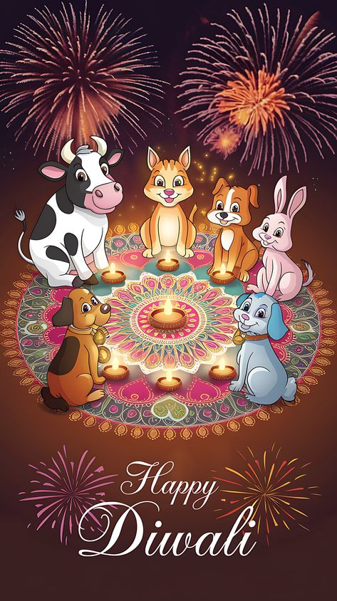 Free Cartoon Animals Celebrating Diwali Deepavali Greetings Cards, Hindu Festival Of Lights, Happy Diwali Wallpapers, Diwali Wallpaper, Diwali Poster, Balloon Background, Diwali Diya, Valentine Background, Diwali Images