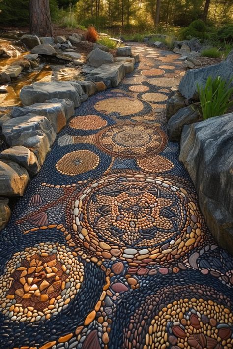 Garden Design Borders, Creative Walkways Pathways, Yard Stone Ideas, Pebble Mosaic Walkway, Outdoor Mosaic Ideas, Stone Pathways Ideas Walkways, Rock Pathway Ideas, Pebble Landscape, Stepping Stones Pathway