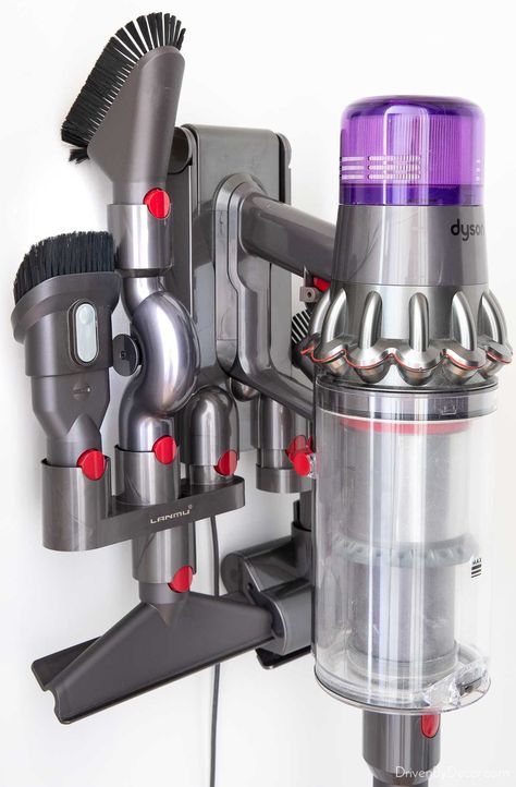 Organize Dyson Attachments, Dyson Vacuum Attachments, Vacuum Accessory Storage, How To Store Vacuum Cleaner Attachments, Dyson Vacuum Storage Ideas Closet, Dyson Accessories Storage, Dyson Attachment Storage, Vacuum Attachment Storage Ideas, Dyson Vacuum Wall Mount Ideas