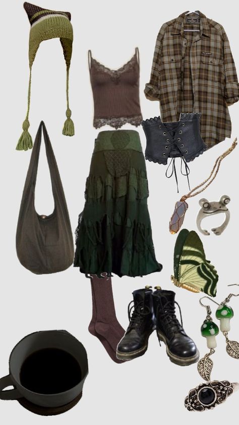 fairy grunge outfit inspo || #fairygrunge #darkfairycore #darkcottagecore #outfitinspo #inspo #outfits #preppy Dirtcore Outfit, Nature Aesthetic Clothing, Emo Cottagecore Aesthetic, Changelingcore Outfit, Earthcore Aesthetic Outfits, Adventurecore Clothes, Mushroomcore Outfits, Dark Cottagecore Clothes, Naturecore Outfit