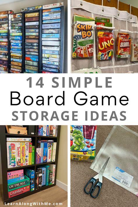 Efficiently store your board games so you can easily find them while tidying up the storage area. We use mostly use an IKEA KALLAX unit to store our board games. But even with this cube furniture, there are lots of different ways we could store our games. For instance, we could take the games out of their original boxes and put them in a plastic pouch or hard plastic case. If you want to explore some different board game storage ideas, check it out. Rec Room Storage Ideas, Boardgames Storage Diy, Storage Ideas For Board Games, How To Store Games And Puzzles, Board Game Closet Organization, Game Board Organization Storage Ideas, Card Game Storage Ideas, Diy Board Game Storage Ideas, Diy Game Storage