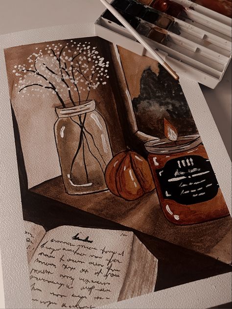 Autumn Aesthetic Watercolor Painting, October Aesthetic Painting, Watercolor Paintings Dark Academia, Dark Academia Watercolor Art, Fall Drawing Ideas Aesthetic, Autumn Aesthetic Drawing Ideas, Fall Aesthetic Painting Ideas, Autumn Sketchbook Ideas, October Aesthetic Drawing