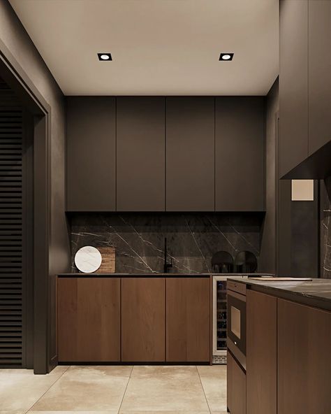 Dark Tone Kitchen, Dark Minimalist Kitchen, Masculine Home Design, Dark Kitchen Ideas Modern, Masculine Kitchens, Modern Kitchen Design Dark, Modern Kitchen Dark Cabinets, Modern Warm Kitchen, High Contrast Kitchen