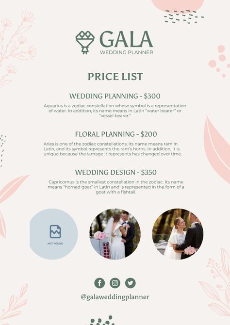 Hand-drawn Floral Gala Wedding Planners Price List Price List Layout, Water Bearer, Price List Template, Drawn Floral, Brand Kit, List Template, Wedding Planners, Price List, Free Graphic Design