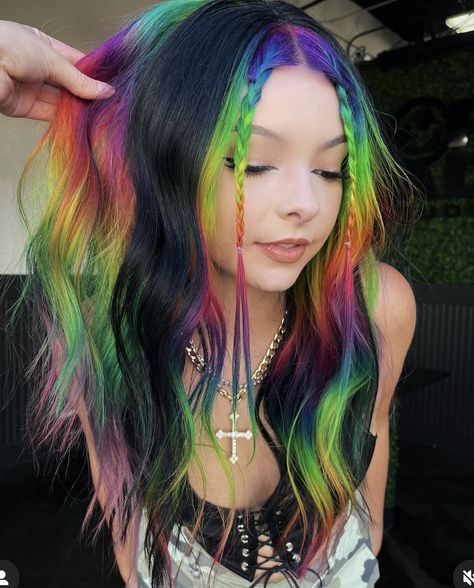 Oil Spill Hair Blonde, Vivid Placement, Cornrow Hairstyles Short Hair, Rainbow Black Hair, Layered Haircuts Korean, Vivid Rainbow Hair, Lisa Frank Hair, Black Hair With Rainbow, Blue And Rainbow Hair