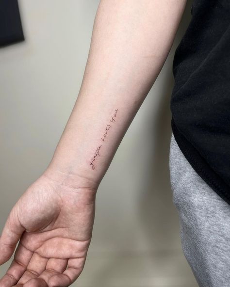 Hand written tattoos have become one of my favorite things to tattoo. The writing is full of personality and having the ability to give my… | Instagram Script On Hand Tattoo, Tattoo With Signature Handwriting, Hand Cursive Tattoo, Tattoo Signature Handwriting, Things To Tattoo, Phoebe Bridgers Tattoo Handwriting, Hand Written Tattoos, Written Tattoos, Grace Tattoos