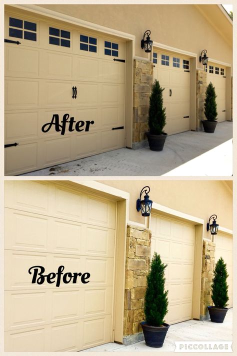 Faux garage windows. Easy and inexpensive way to dress up your garage doors. I used the Glossy black Oracal 651 vinyl for the windows. I paid $6 for a 12"x10' roll. Measured, cut (with my Silhouette Cameo) and applied. The hardware is magnetic and can be found online for about $19.00. Easy way to spruce up your garage on a budget! Faux Garage Door Windows, Garage Door Sizes, Garage Windows, Single Garage Door, Garage Door Windows, Garage Door Hardware, Garage Door Types, Steel Garage Doors, Garage Door Styles