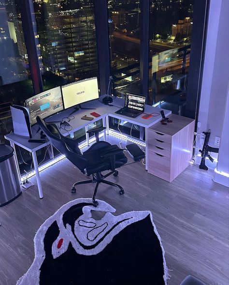 Apartment Desk Aesthetic, Streamer Room Setup, Gaming Aesthetic Room, Luxury Gaming Room Setup, Streamer Bedroom, Pc Room Setup, Gamer Room Aesthetic, Apartment Game Room, Aesthetic Gaming Room