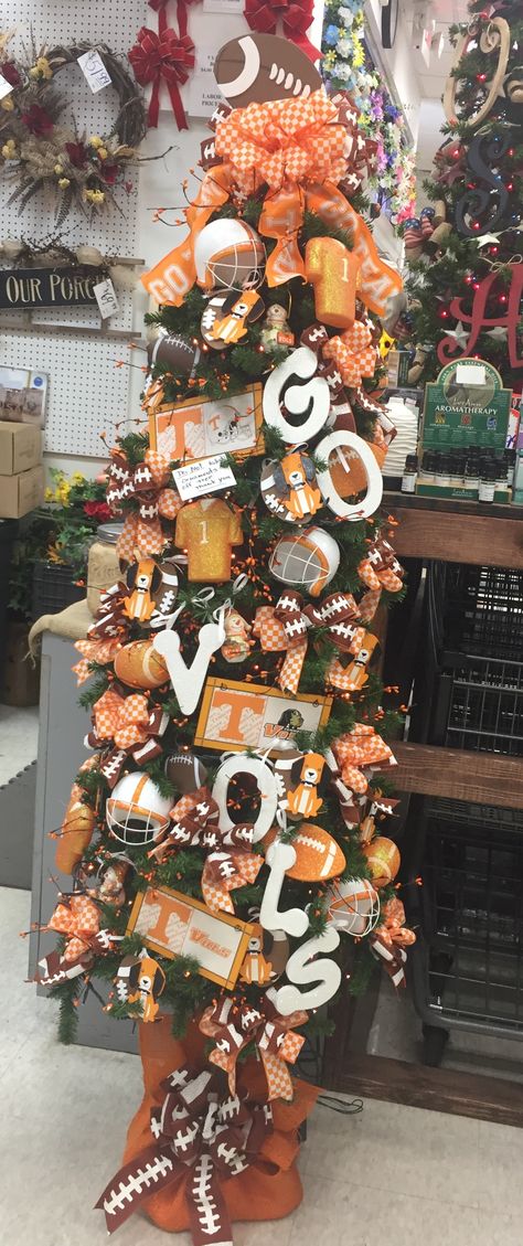 Football Themed Christmas Tree Ideas, Tennessee Christmas Tree, Football Tree Ideas, Tennessee Vols Christmas Ornaments, Football Theme Christmas Tree, Tennessee Vols Christmas Tree, Tn Vols Christmas Tree, Sports Christmas Tree Ideas, Vols Christmas Tree