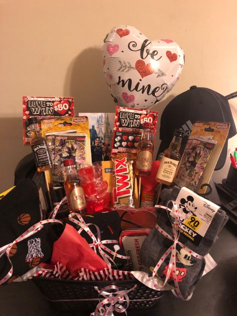 Made a little gift basket for my bf last Valentine’s Day. Included socks, candy, an adidas hat, alc, and some lotto cards. Valentines Snack Basket For Him, Gift Basket For Stud Girlfriend, Valentine’s Day Boyfriend Basket, V Day Basket For Him, Gift Basket For Boyfriend Valentines, Valentine’s Basket For Him, Valentine Basket For Him, Valentines Baskets For Boyfriend, Valentines Hamper For Him