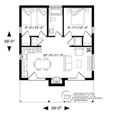 Small Modern Cabin, Two Bedroom Apartment, Drummond House Plans, 2 Bedroom House Plans, Tiny House Plan, Small House Floor Plans, Modern Style House Plans, Tiny House Floor Plans, Cottage Plan