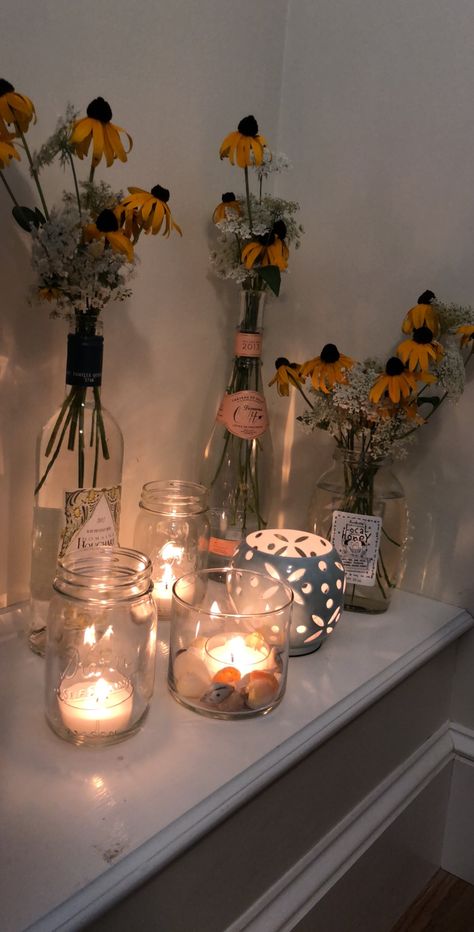 Empty Bottle Ideas Decor, Empty Candle Jar Ideas, Candle Jar Decorating Ideas, Diy Glass Jars Ideas, Candles In Bottles, Picked Wild Flowers, Garden Disco, Reuse Candle Jars, Jar Decorating Ideas