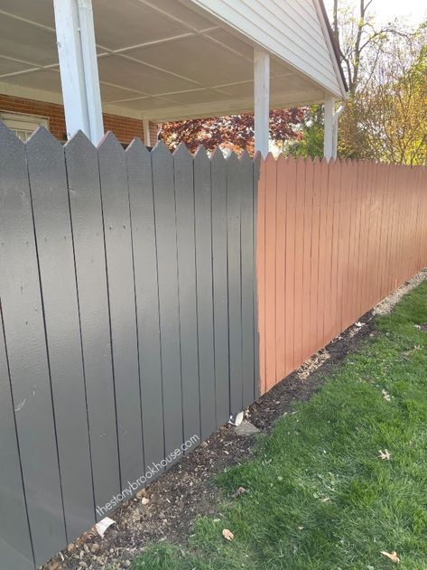 Fence Painting progress White Fence Paint, Paint Fence Ideas Backyards, Grey Fence Paint, Black Fence Paint, Painted Wood Fence, Garden Fence Paint, Fence Paint Colours, Grey Fences, Fence Painting