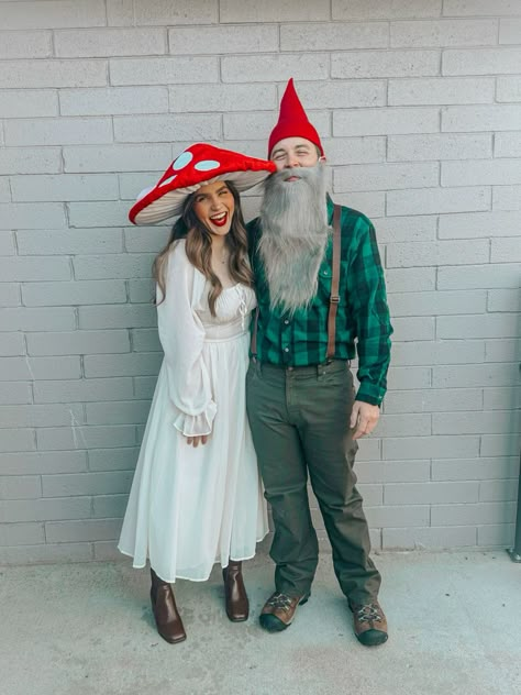 Mushrom and Gnome costume Fairy Costume Couple Halloween, Fairy Tale Costumes Diy, Woodland Creatures Halloween Costumes, Couples Elf Costume, Gnome And Fairy Costume, Gnomes Halloween Costume, Gnome Couple Costume, Gnome Diy Costume, Mens Gnome Costume