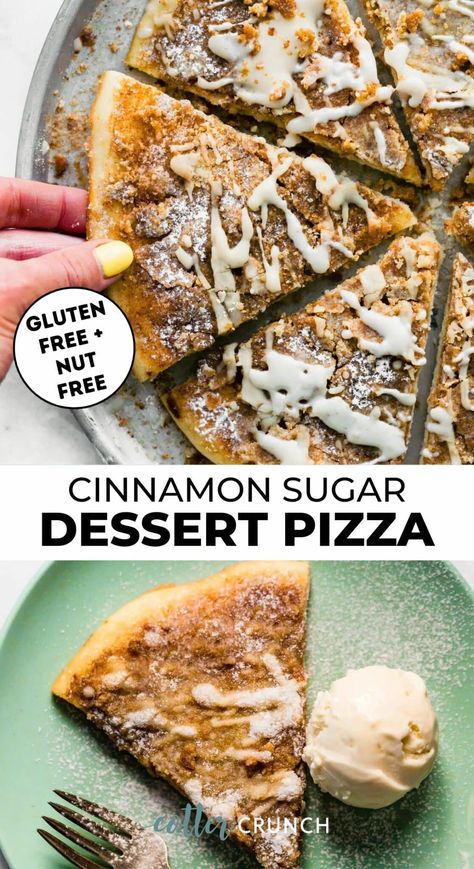 This Cinnamon Sugar Dessert Pizza recipe is the perfect sweet treat! Made with a quick gluten-free pizza dough mix, a cinnamon sugar topping, and a sweet glaze, it features simple ingredients and comes together in minutes! Sweet And Crunch Cinnamon Sugar Pizza, Dessert Pizza Toppings, Cinnamon Sugar Dessert, Cinnamon Sugar Pizza, Easy Dessert Pizza, Cinnamon Sugar Desserts, Dessert Pizza Recipe, Heavenly Dessert Recipe, Cotter Crunch