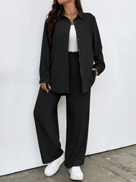 Plus Solid Button Front Shirt & Paperbag Waist Wide Leg Pants | SHEIN ASIA Outgoing Outfits, Two Piece Outfits Pants, Work Vibes, Fashion Capsule Wardrobe, Diy Fashion Hacks, Trouser Outfits, Large Clothes, Travel Outfits, Fashion Capsule