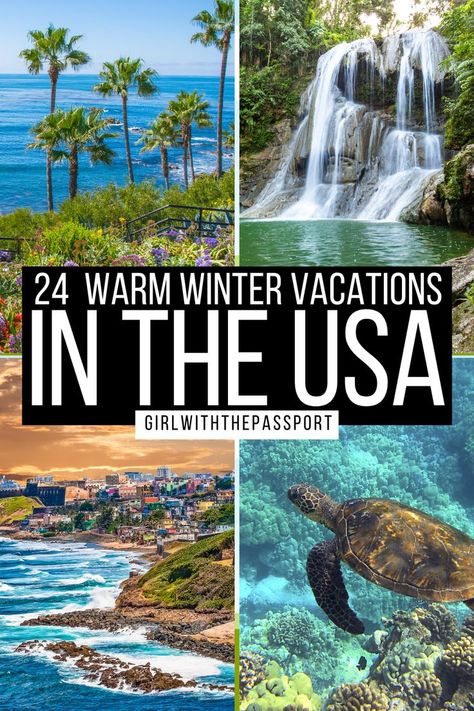 24 Warm Winter Destinations in the USA! Best December Vacations, Warm Vacation Destinations, December Travel Destinations, Best Us Vacations, Vacations In The United States, Places To Visit In December, Bucket List Usa, Girls Trip Destinations, Winter Family Vacations